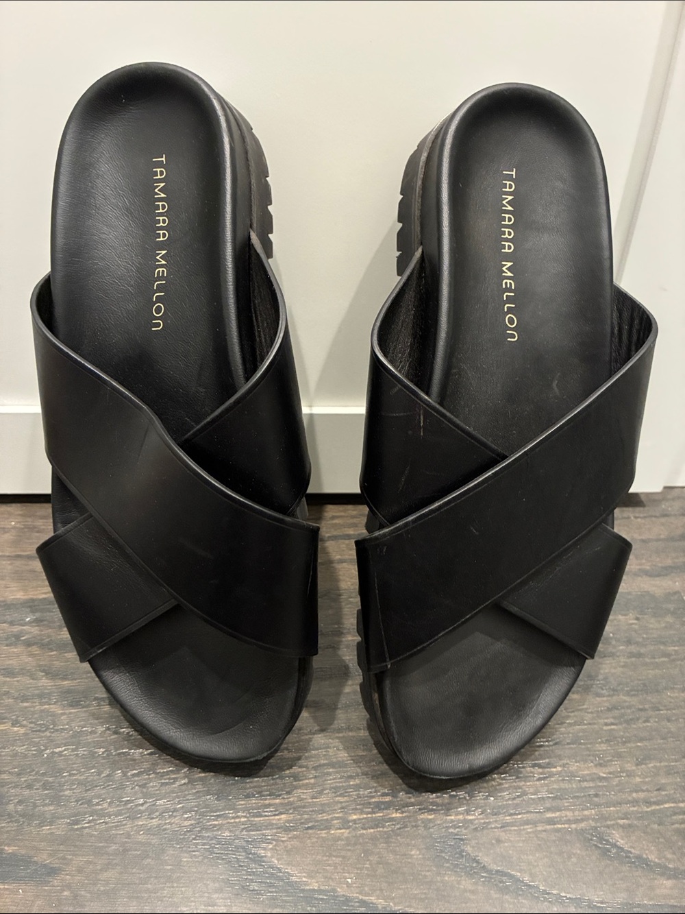 Tamara Mellon Women's Black Crisscross Slide Sandals